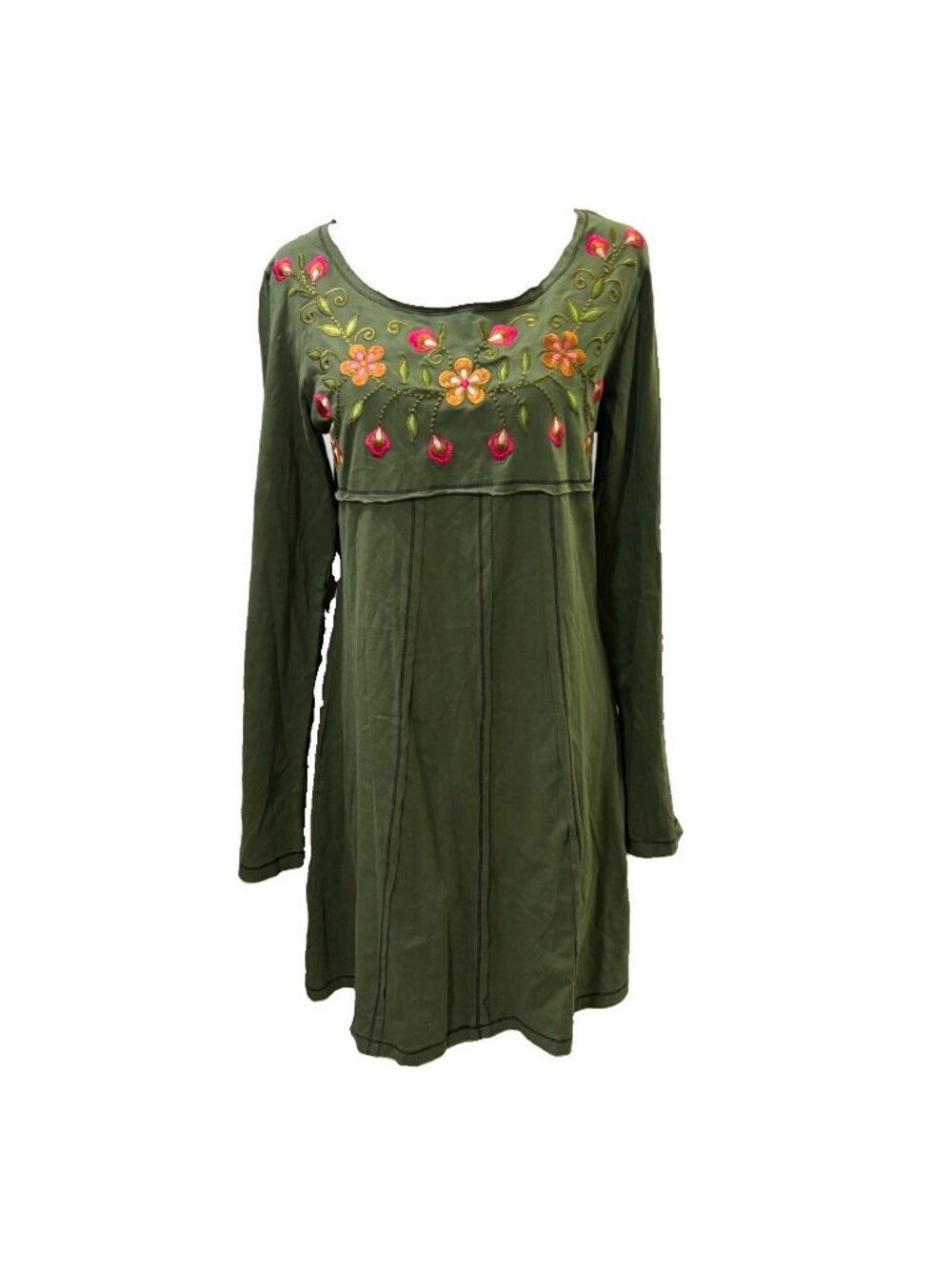 Sacred Threads Embroidered Green Tunic Dress Roll Tab Sleeves Boho Size Large